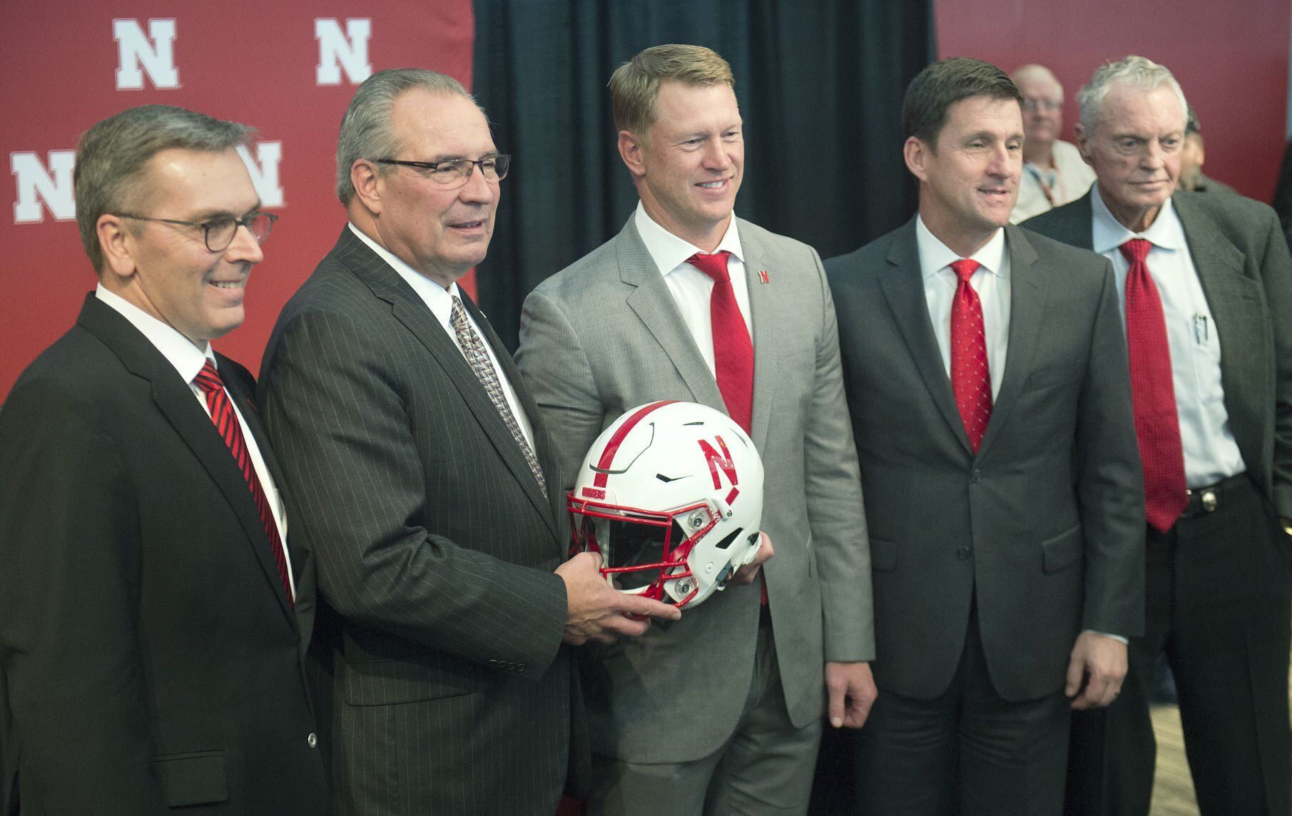 Ronnie Green, Bill Moos, Scott Frost, Hank Bounds and Tom Osborne (copy)